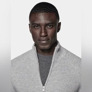 Moncrief London Ribbed Quarter Zip Cashmere Wool Blend, Light Grey, Size L